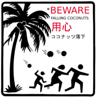 Amtliches Warnschild: Vorsicht vor herabfallenden Kokosnüssen.