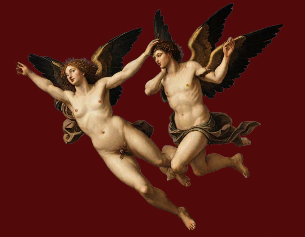 "A Renaissance Painting showing two flying eros" (KI, Stable Diffusion, 2024)